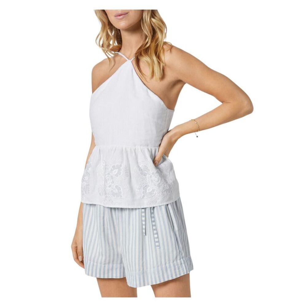 JOIE Womens White Embroidered Smocked Spaghetti Strap Halter Peplum Top S